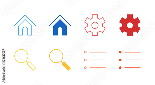 Flat Colored Essential Navigation Icon Set in Outline and Solid Style for App and Web User Interface
