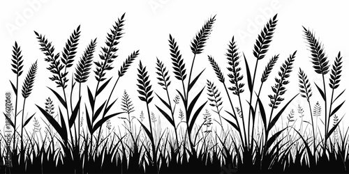A monochrome illustration of a field with tall grass and wheat stalks in silhouette