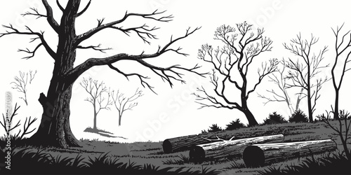 A monochrome landscape featuring bare trees and fallen logs in a grayscale setting art