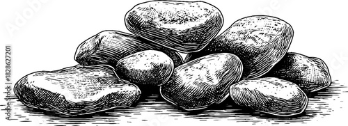 Engraved decorative illustration of wind polished river stones for design and decor