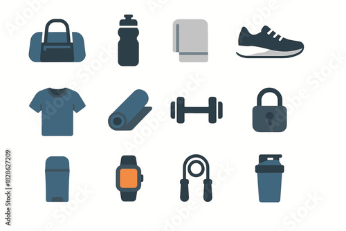 Gym essentials duffel deodorant water vector icon towel icons bottle bag dumbbell