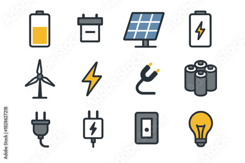 Icon battery vector wind energy cell bolt panel switch bank icons storage