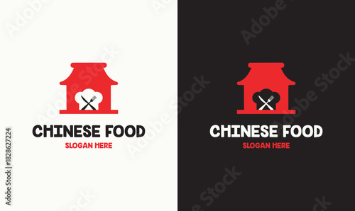 Modern red and black Chinese food restaurant logo featuring a pagoda silhouette with chopsticks and spoon icon.
