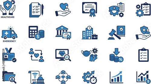 Healthcare emergency medical finance management insurance law hospital quality service legal health care system business administration growth icons set vector illustration