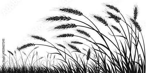 A monochrome illustration of wheat stalks swaying in the wind against a white background