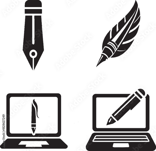 Writing Tools Icon Set – Stylized Fountain Pen, Quill, and Laptop Illustrations for Traditional and Digital Authorship Themes