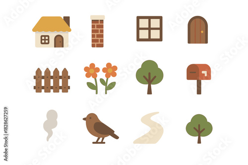 Path fence garden tree collection cottage window icon smoke vector thatched house
