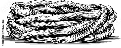 Intricate hand drawn engraving of woven willow lattice design for decorative use