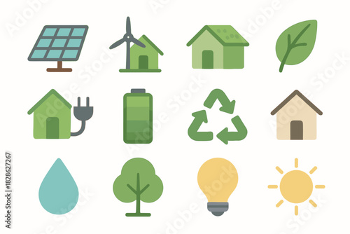 Icons battery sun eco icon vector light drop green wind recycle house
