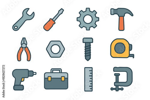 Hammer clamp repair ruler drill gear tools minimalist vector toolbox pliers wrench