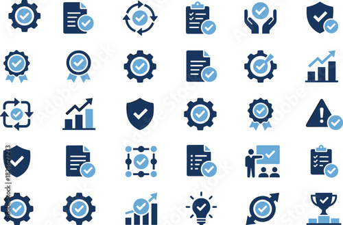Quality assurance compliance verification certification guarantee success management process improvement guarantee document checklist shield award achievement growth business standard icons set