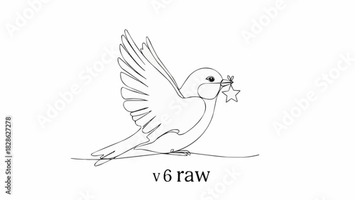 Continuous line drawing of a bird in flight holding a star in its beak on a white background art
