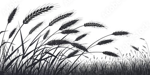 A black and white illustration of wheat stalks swaying gently in a field landscape