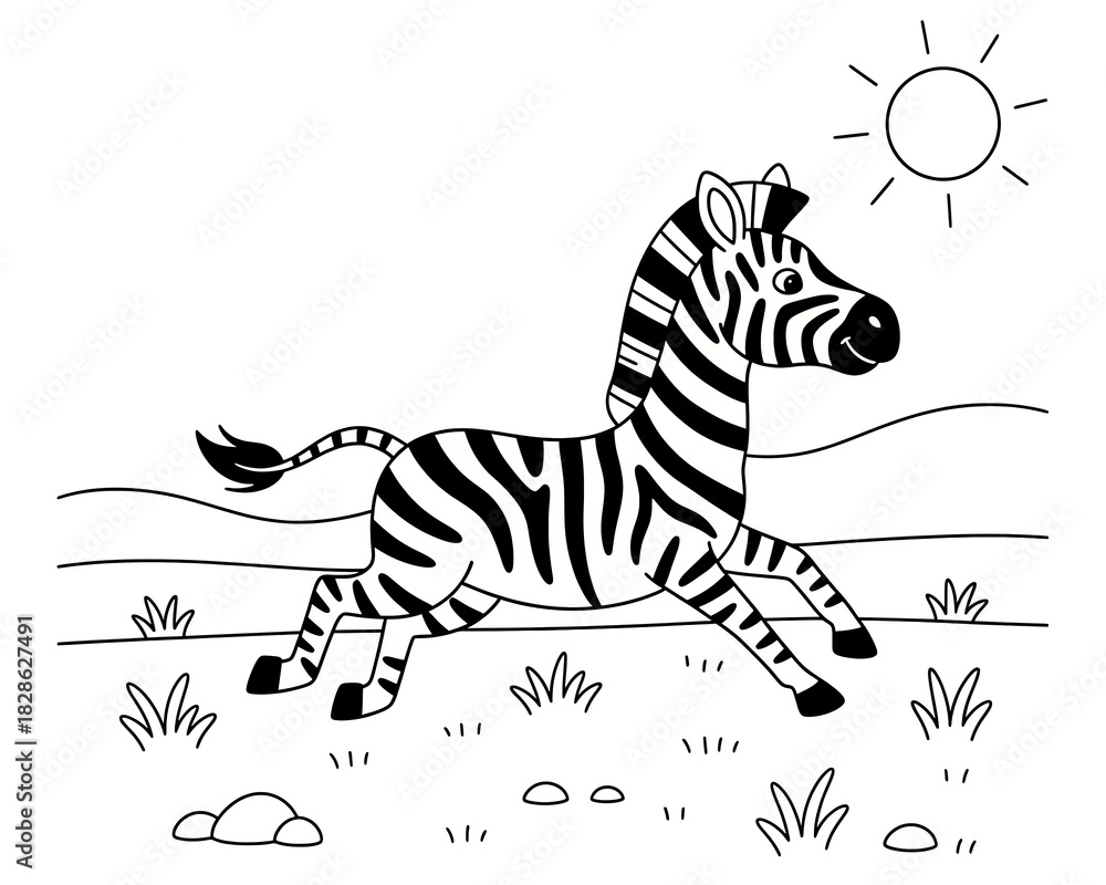 Fototapeta premium A black and white line drawing of a running zebra in a landscape