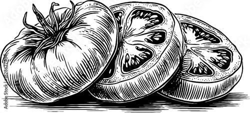 Detailed engraving of wrinkled dried tomato slices for vintage design