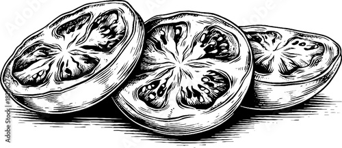Engraved decorative illustration wrinkled dried tomato slices retro design print sketch.

