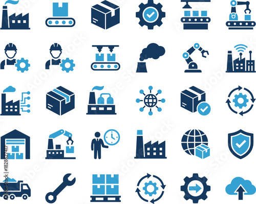 Industry manufacturing logistics supply chain automation factory production process optimization conveyor belt warehouse storage delivery worker security management icons set vector illustration
