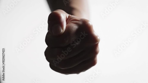 A powerful, shadowed fist is clenched and points directly forward, conveying a strong sense of aggression, accusation, or determination against a stark white background