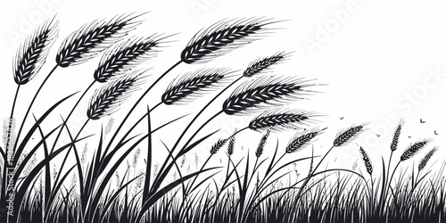 Black and white illustration of wheat field with birds in the background blowing wind