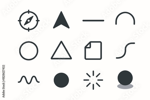 Circle spark fold minimal icon wave triangle tip shadow set compass vector