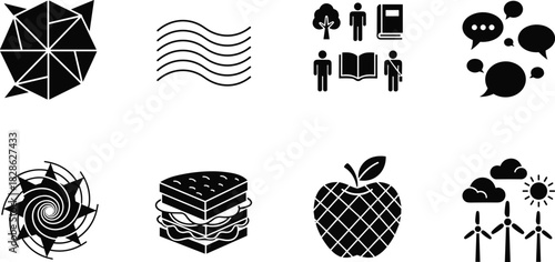 Black Silhouette Set of Diverse Icons Representing Abstract Concepts, Education, Environment, Communication, and Food Topics.