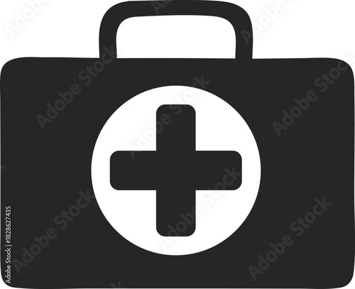 Black silhouette of a medical first aid kit with a white cross symbol