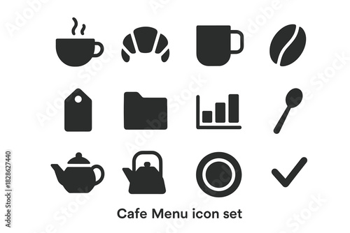 Vector tag bean spoon menu cafe cup croissant checkmark icon plate teapot