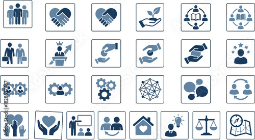 Social responsibility community partnership trust handshake education charity volunteering icons set for ethical business and sustainable development 