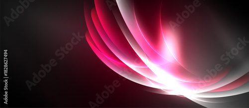 Abstract design features flowing shapes, vibrant reds, whites. Dramatic lighting creates dynamic visual impact. Minimalist composition.