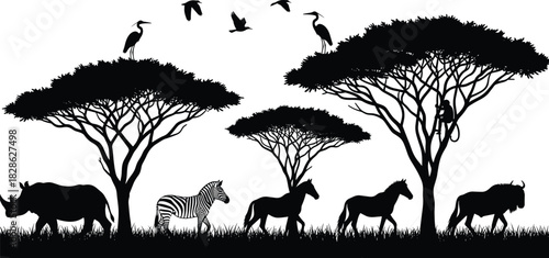 Black Silhouette of African Safari Animals Including Rhino, Zebra, and Wildebeest Walking on the Savannah with Acacia Trees.