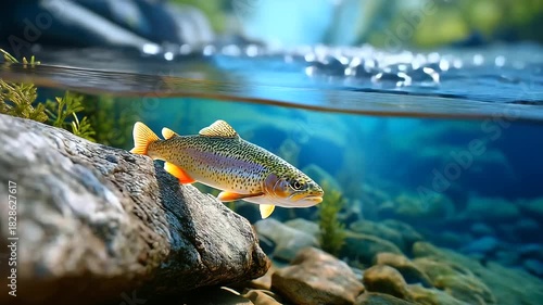 Crystal river eddy with rainbow trout hovering behind rock, polarized clarity, meditative freshwater scene, with copy space