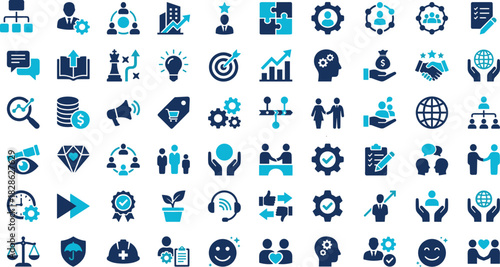 Business Management Strategy and Corporate Development Icons Set: Teamwork, Growth, Success, Finance, Marketing, Leadership, and Professional Services Flat Vector Illustration