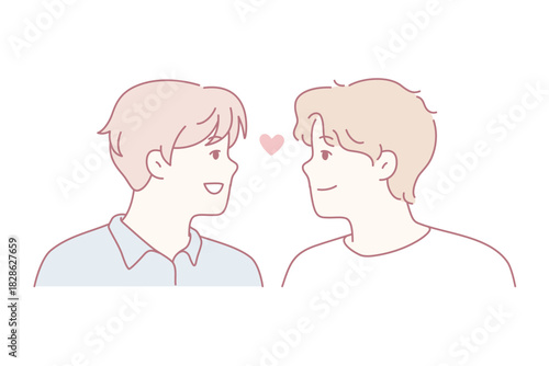 two young men sharing affectionate smile, soft pastel illustration showing intimate face-to-face moment, heart