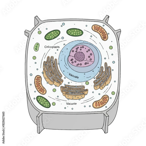 Accurate 2D flat diagram illustrating the simplified structure of a eukaryotic plant cell, featuring major organelles like the nucleus and mitochondria on a clean white background.