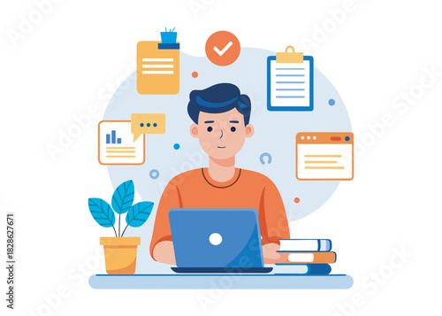 Young man working on laptop with digital documents and notifications in modern flat style vector illustration logo icon on white background