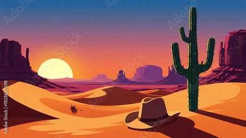 Sunset Serenity Desert Landscape with Cactus and Cowboy Hat under Warm Sky