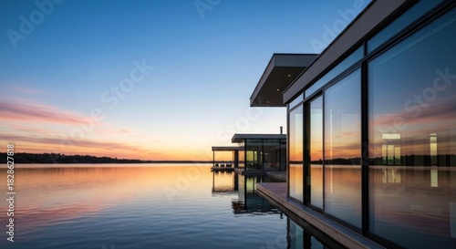 Modern waterfront cabins reflected in calm lake water at sunrise