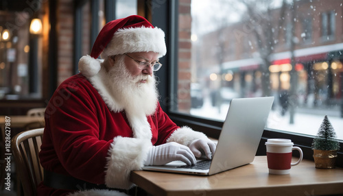 Santa Claus sitting at a table and working on a laptop in a cafe
