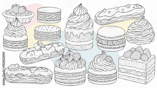 A delightful array of desserts featuring cakes eclairs macarons and fruit tarts in a black and white sketch