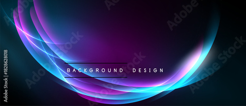 Abstract light streaks form curved shapes. Dark background contrasts vibrant blue, purple hues. Text reads background design.
