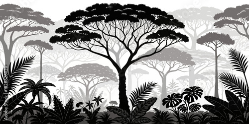 A dense forest landscape featuring a variety of trees and lush tropical foliage in black