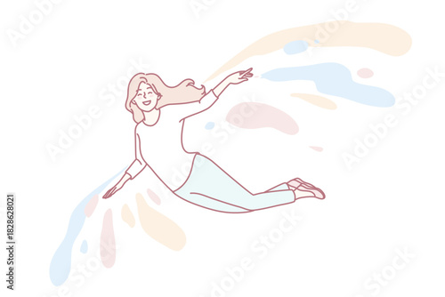 Happy woman flying on colorful wings feel optimistic and joyful. Smiling girl recover from depression or mental illness. Vector illustration.