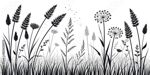 A black and white illustration of a field with various types of grass and flowers