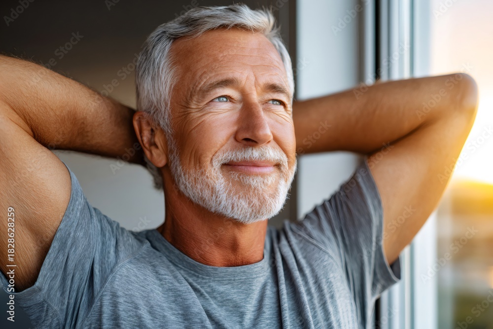 Obraz premium Senior man smiling contemplating sunset through window