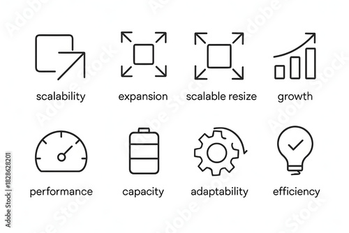 Efficiency and Growth: Minimalist icons depicting core business concepts, illustrating scalability, expansion, and adaptability.
