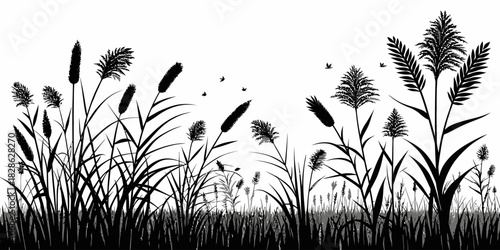 Silhouette of tall grass and reeds with birds flying above against a white background