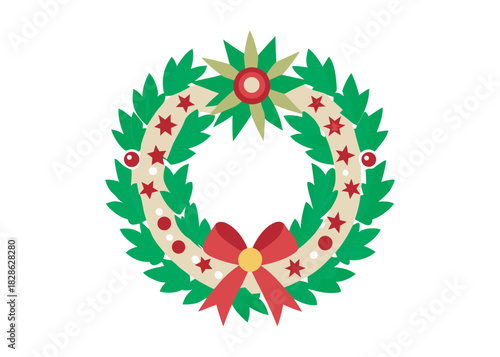 Christmas wreath made of green leaves decorated with red bow and colorful berries on beige background, festive holiday ornament. Flat vector illustration logo icon on white background