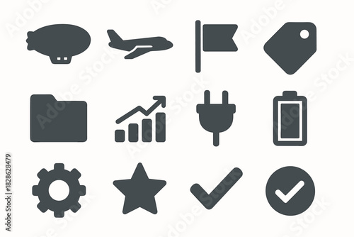 Icon set folder checkmark star gear airplane battery vector airship tag airshow