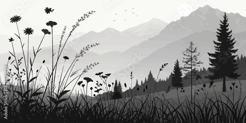 Monochromatic landscape featuring wildflowers, grass, trees, mountains and birds in flight