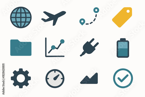 Battery icon line altitude aviation vector checkmark folder globe chart gear set